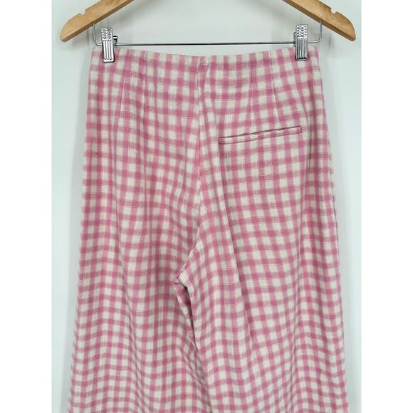 ZARA Full Length Gingham Plaid Wide Leg Pants High Rise Trouser Pink/ White - Picture 9 of 12